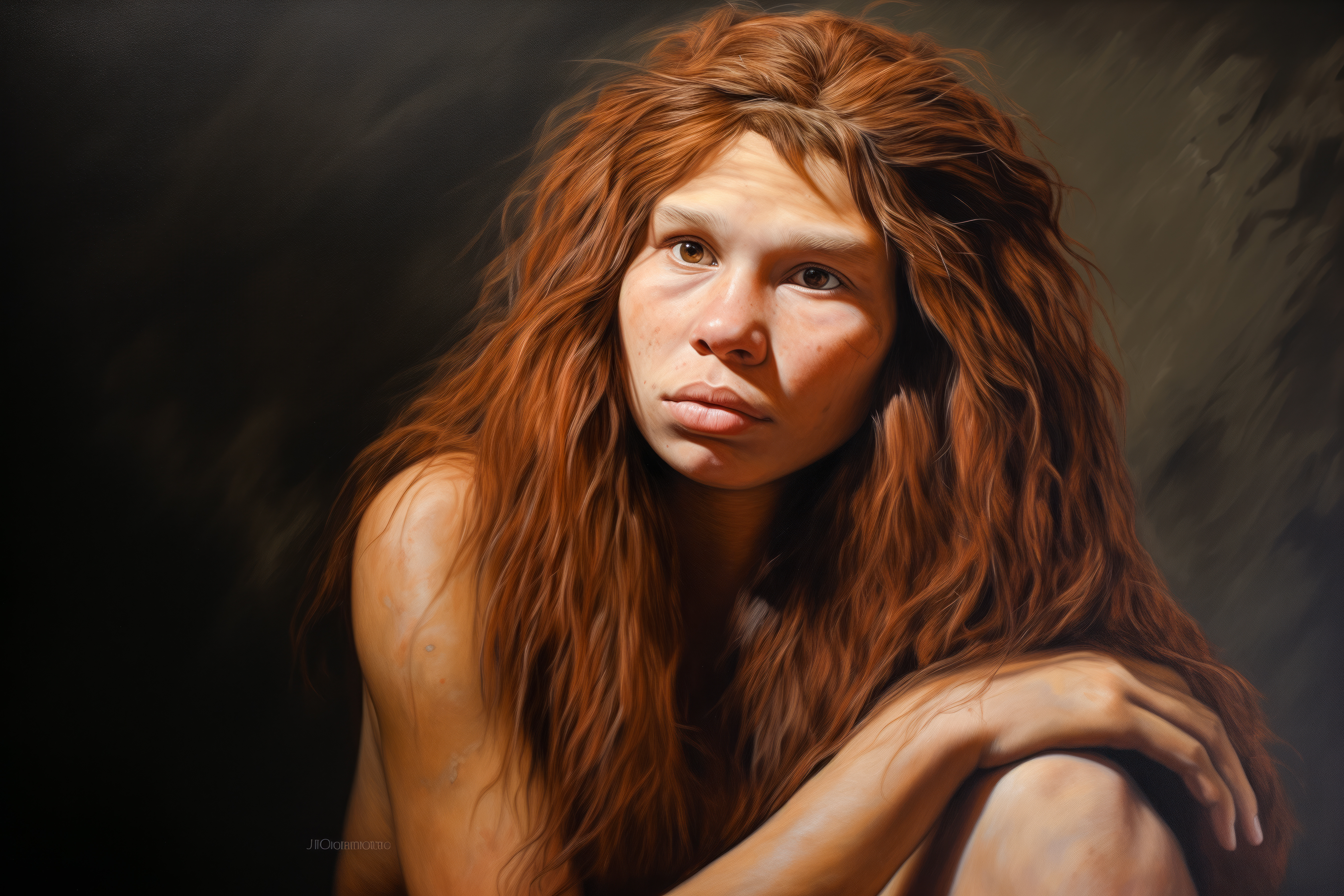 Close-up portrait of a Neanderthal woman cavewoman